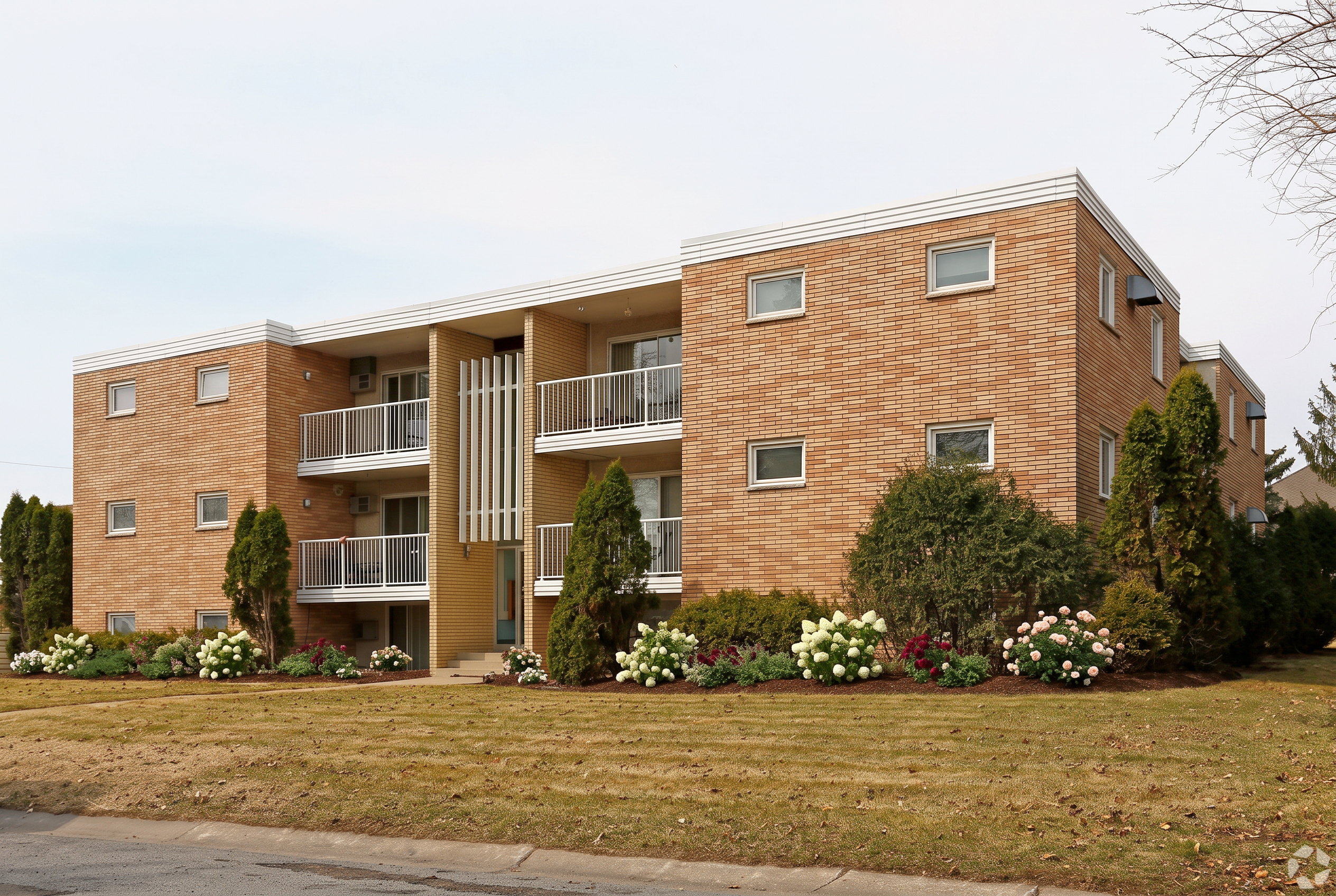 The Lindig House brick apartment building with flowering gardens in Falcon Heights, Minnesota
